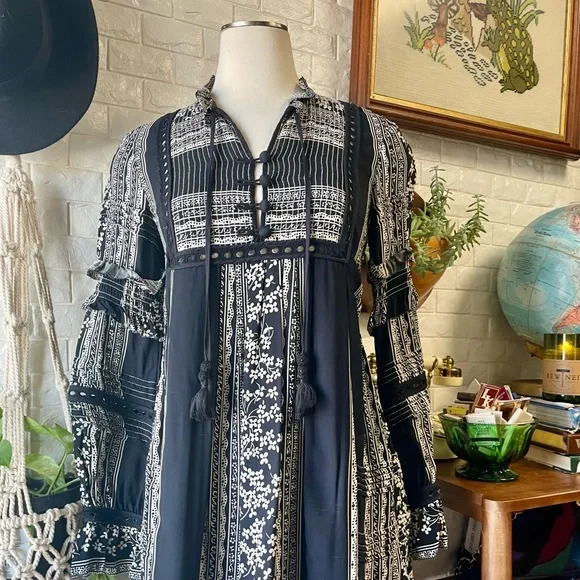 Sea New York Keely Tie-Neck Long-Sleeve Peasant Mini Tunic Dress Black Boho - Picture 4 of 15